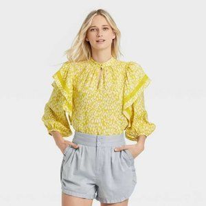 Women's Ruffle 3/4 Sleeve Lace Trim Blouse - Who What Wear Yellow Floral Medium